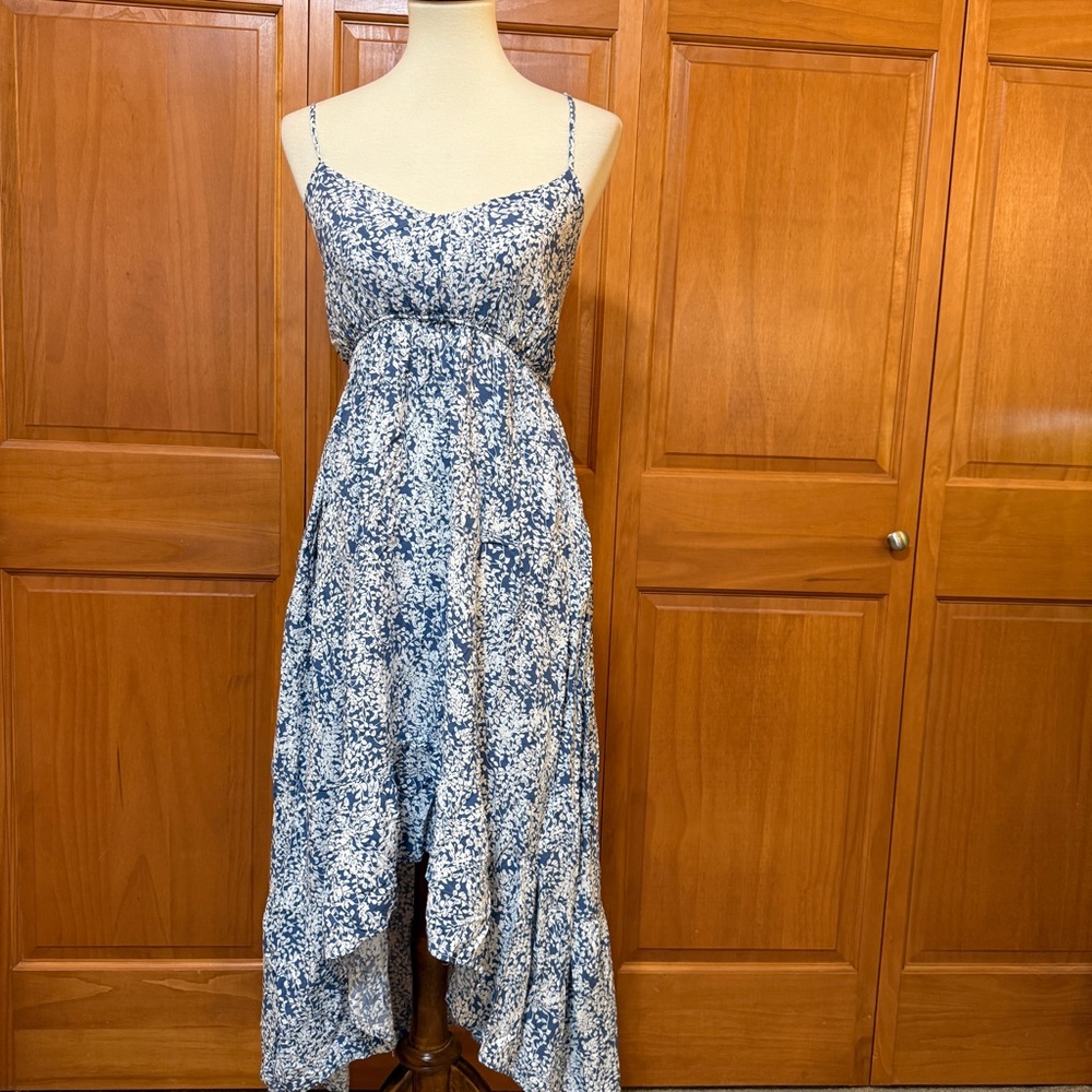 Blue and White Floral Patterned High Low Hem Beach Dress From Greece